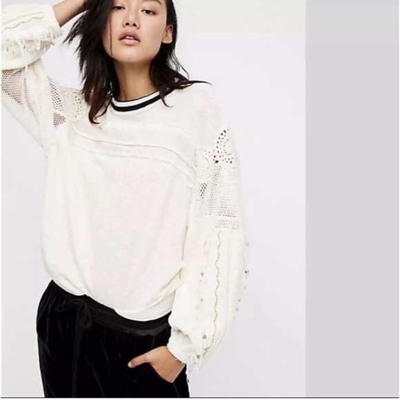 Free People Size M Marakesh Embellished Crochet Sweater Top Ivory Cotton New - Picture 1 of 13